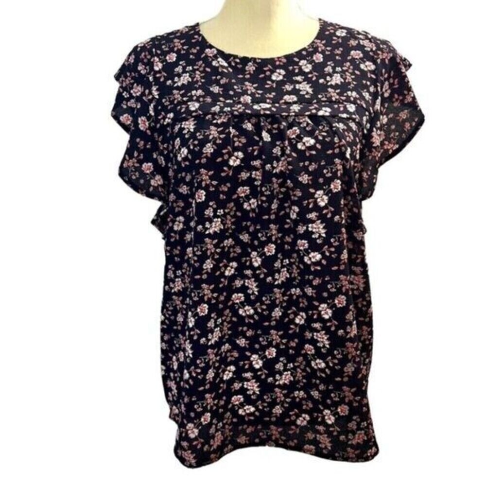 Monteau Los Angeles Women's L Black Red White Floral Cap Sleeve Blouse w/Ruffles